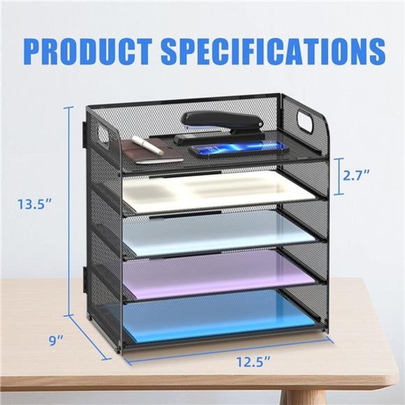 5 Tier Desk Organizer with Handle, Mesh Paper/File Organizer for Desk,Paper Tray - Picture 6 of 7